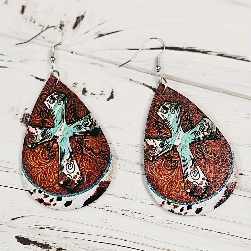 Retro Antique Style Cross PU Leather Earrings Double sided Jewelry